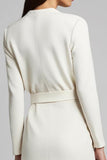 Ivory Ruched Satin Pencil Long Sleeves Midi Work Dress With Slit
