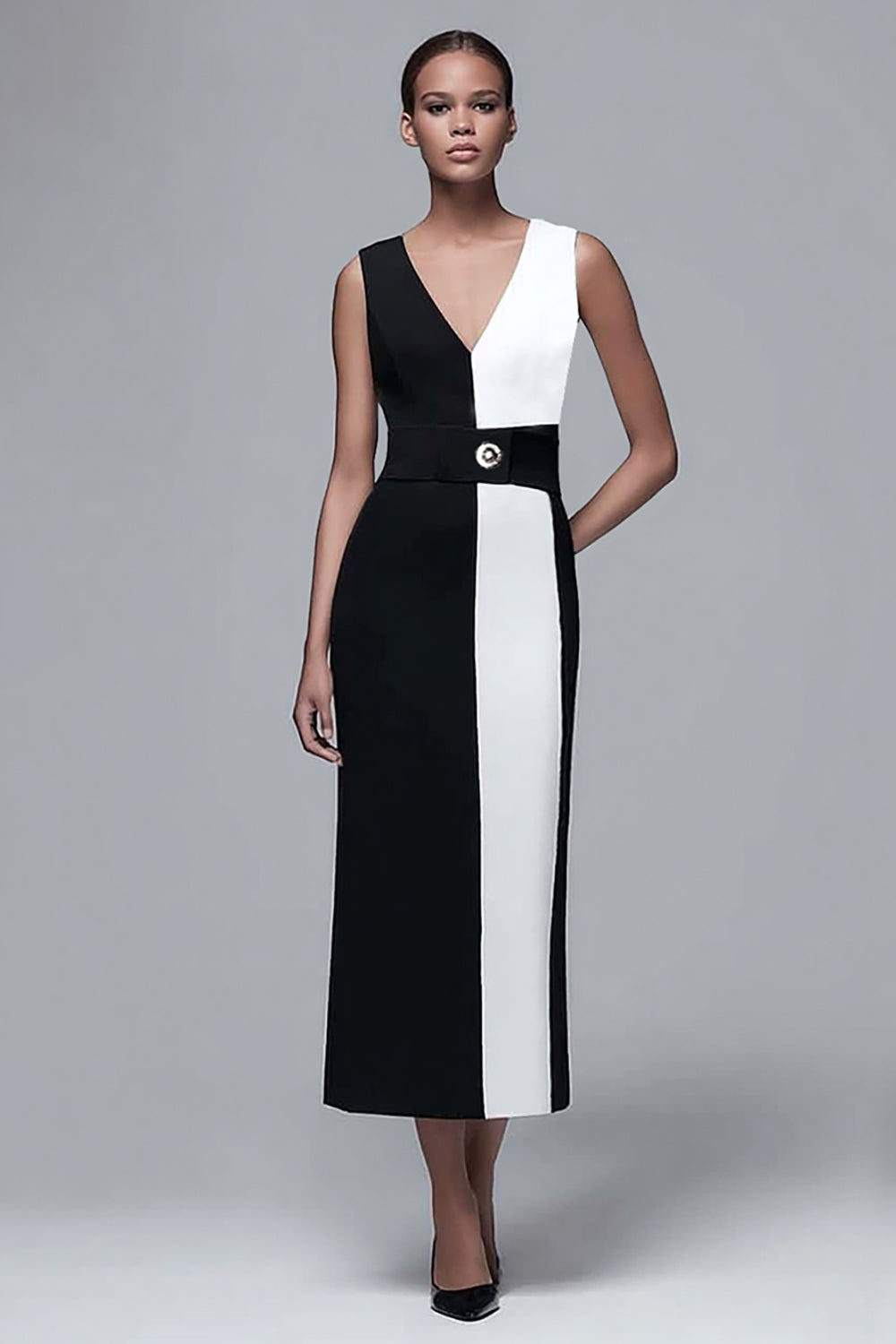 Black and White V-Neck Pencil Long Work Dress With Belt