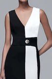 Black and White V-Neck Pencil Long Work Dress With Belt