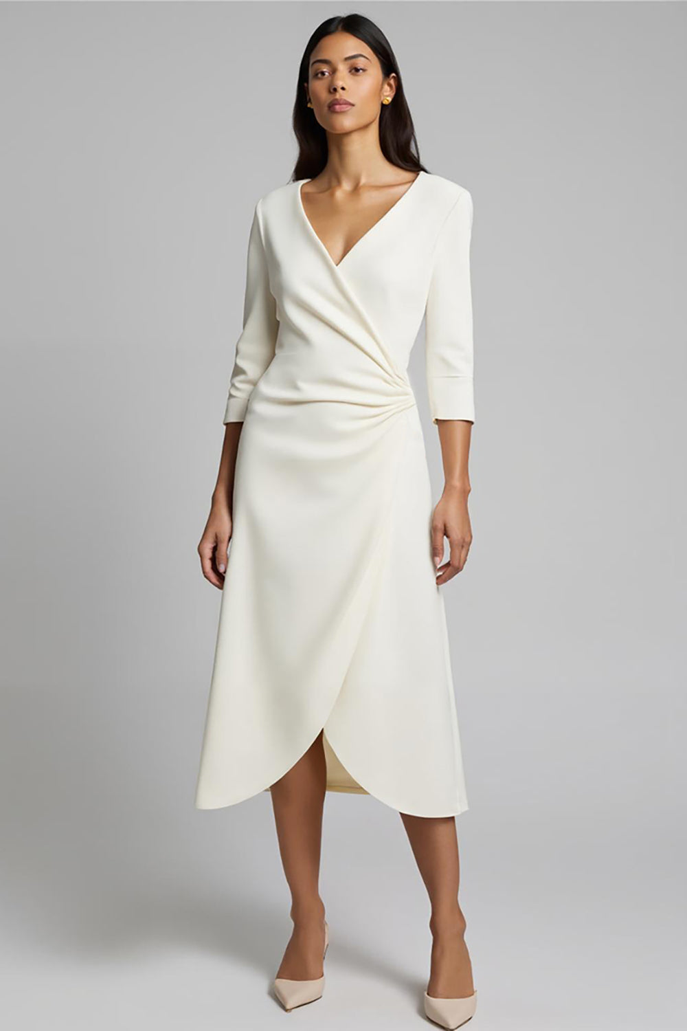 Ivory Ruched Satin V-Neck Midi Work Dress With Sleeves