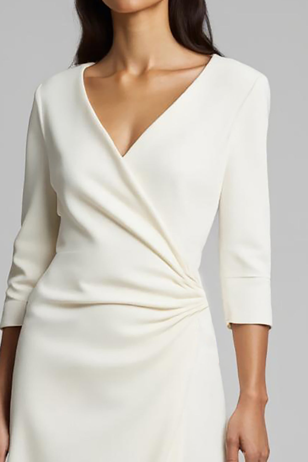 Ivory Ruched Satin V-Neck Midi Work Dress With Sleeves