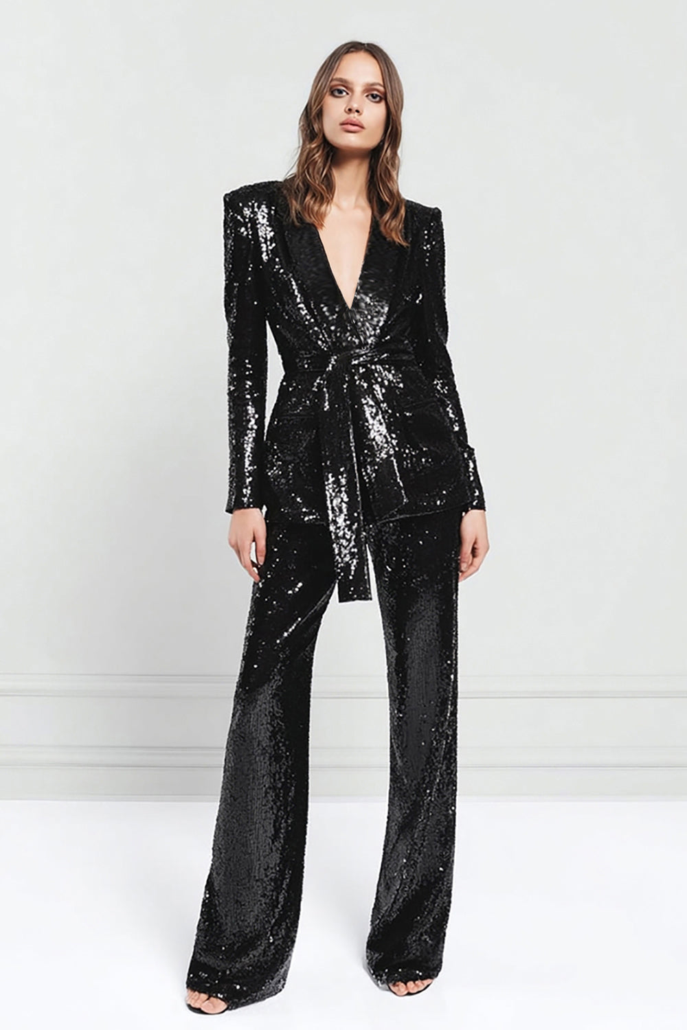 Sparkly Black 2 Piece Women Prom Suits With Sash