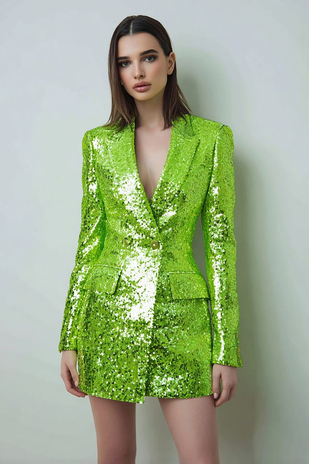 Sparkly Fluorescent Green Peak Lapel Bodycon Women Blazer