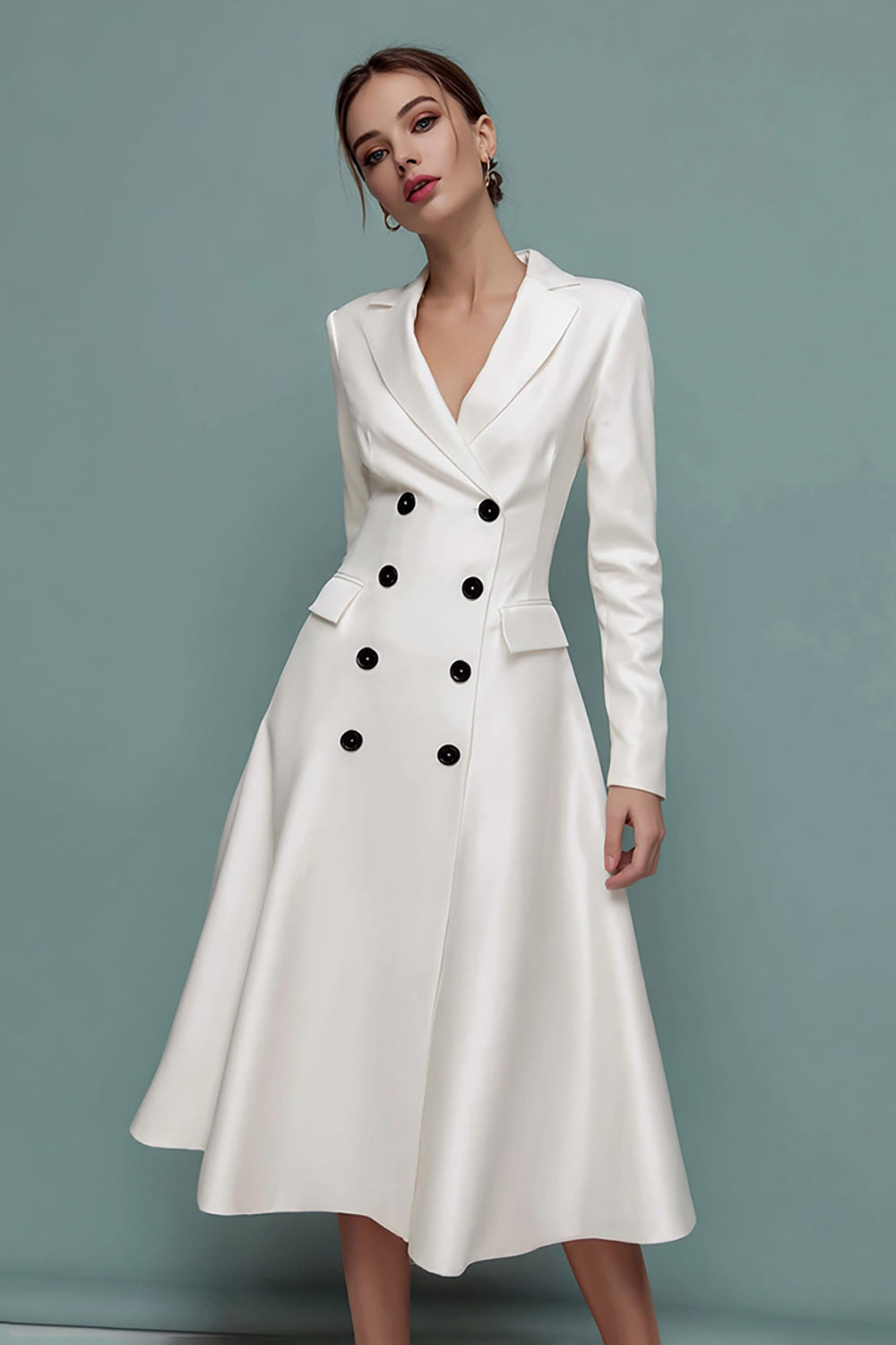 Ivory A Line Notched Lapel Midi Blazer Dress With Sleeves