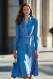 Blue A Line Notched Lapel Long Sleeve Midi Blazer Dress With Sash