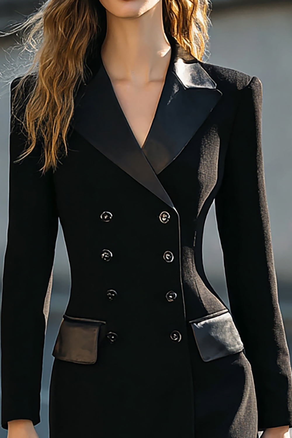 Pencil Black Double Breasted Midi Blazer Dress With Sleeves