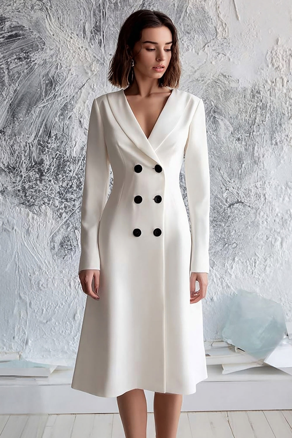 Elegant Ivory Double Breasted Midi Work Dress