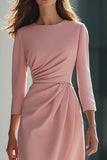 Pink Sheath Ruched 3/4 Sleeve Midi Work Dress