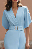 Blue V-Neck Sheath Midi Work Dress With Belt