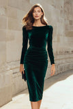 Dark Green Sheath Velvet Long Sleeve Midi Work Dress