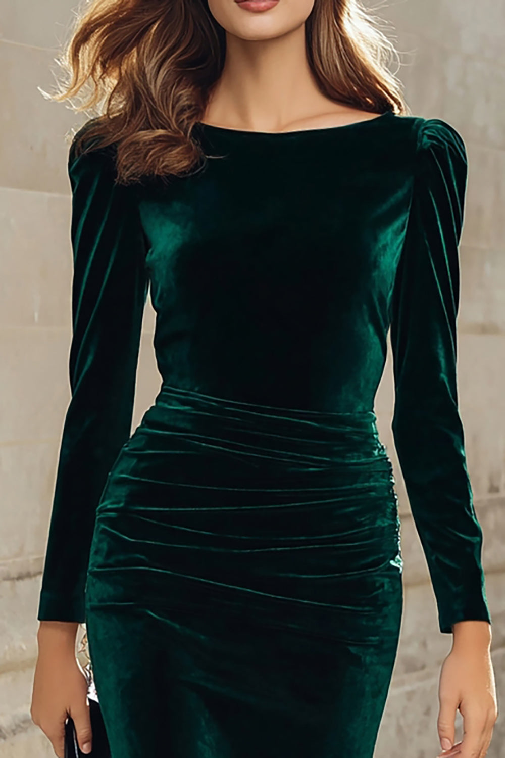 Dark Green Sheath Velvet Long Sleeve Midi Work Dress