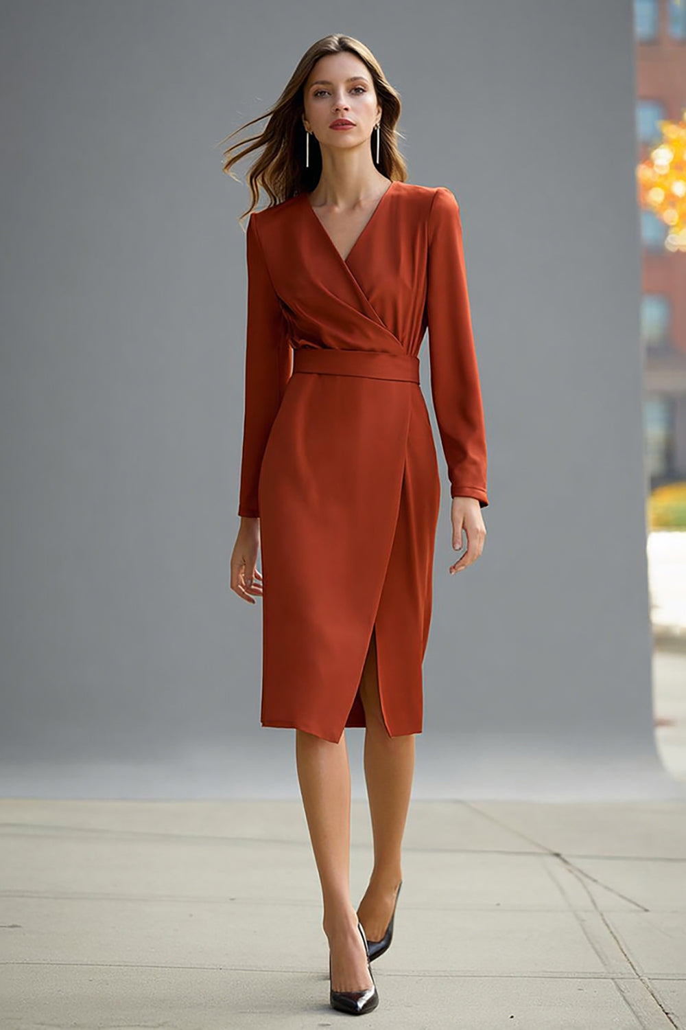 Red V-Neck Sheath Long Sleeve Midi Work Dress