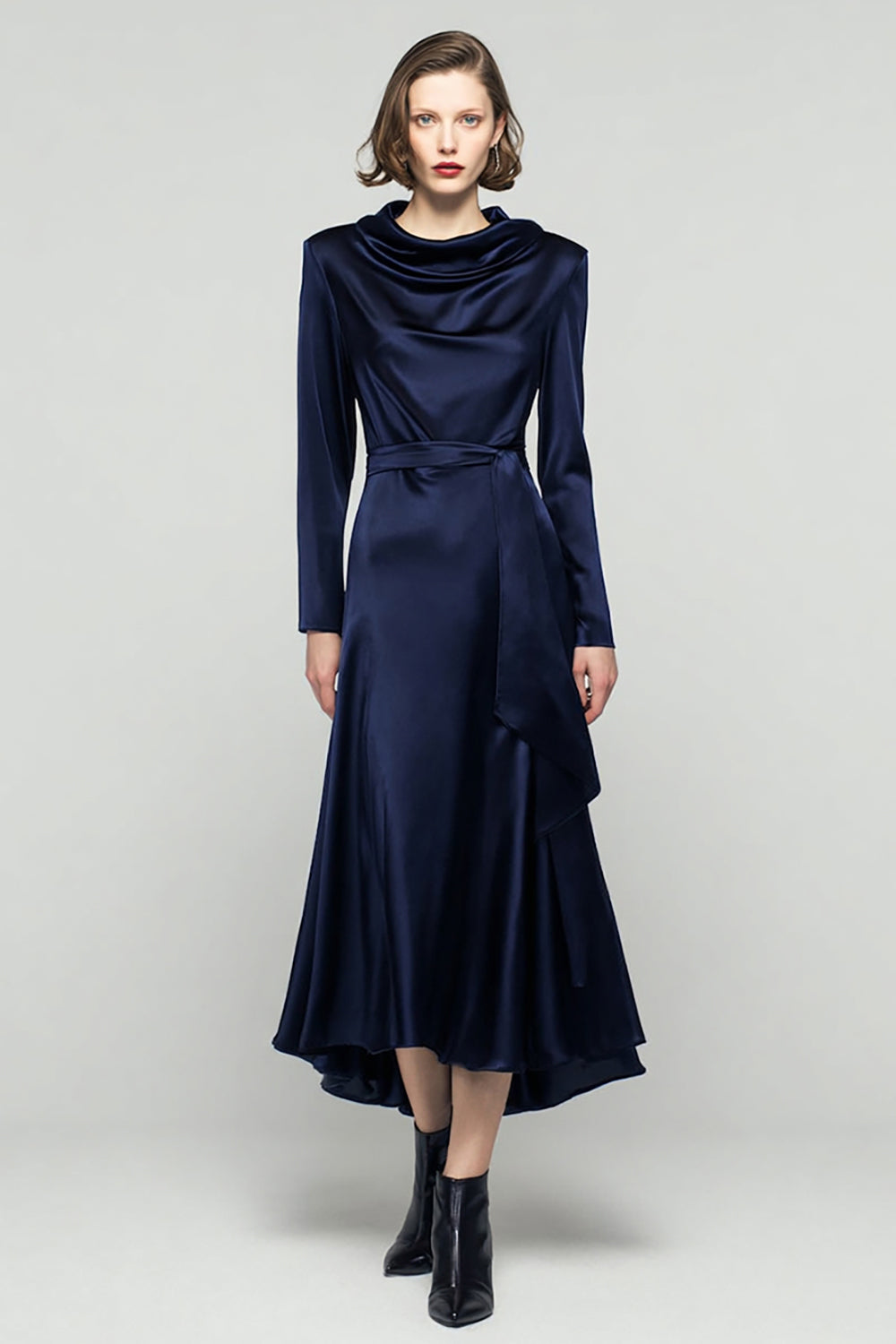 Navy Cowl neck Long Sleeve Work Dress With Belt