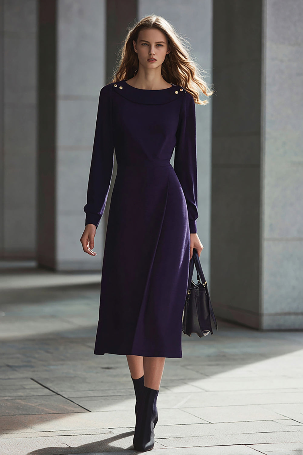 Purple Sheath Long Sleeve Midi Work Dress