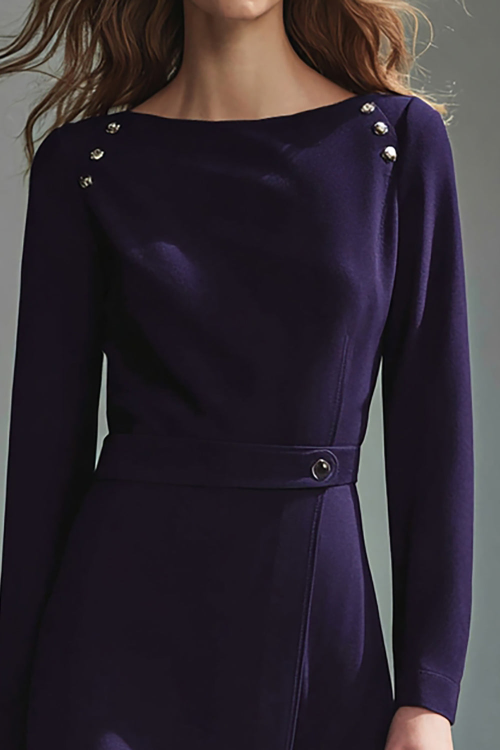 Purple Boat Neck Long Sleeve Work Dress