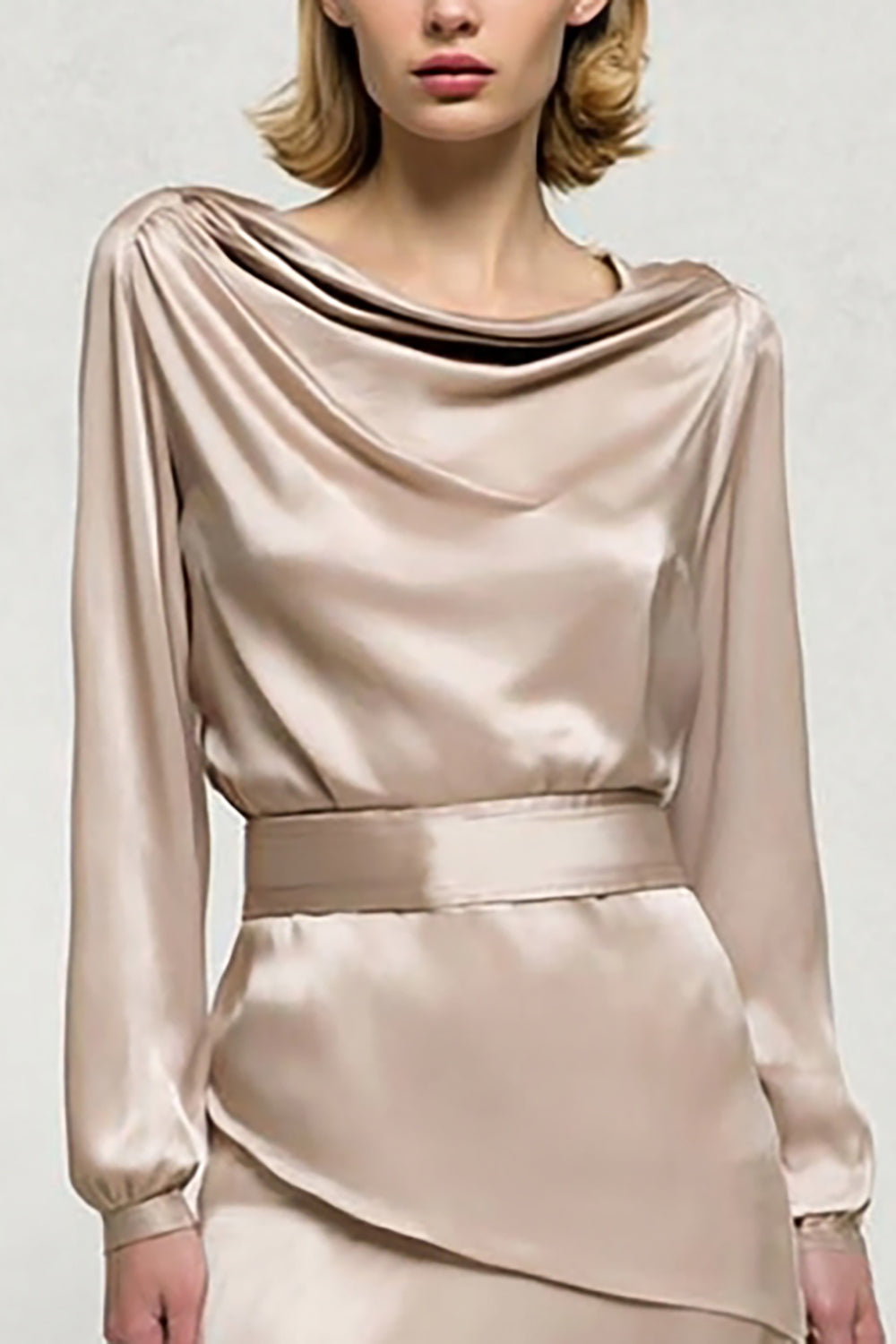 Champagne Cowl Neck Long Sleeve Satin Work Dress