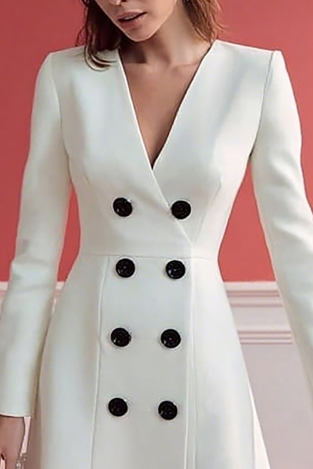 Ivory V-Neck Long Sleeve Double-breasted Work Dress