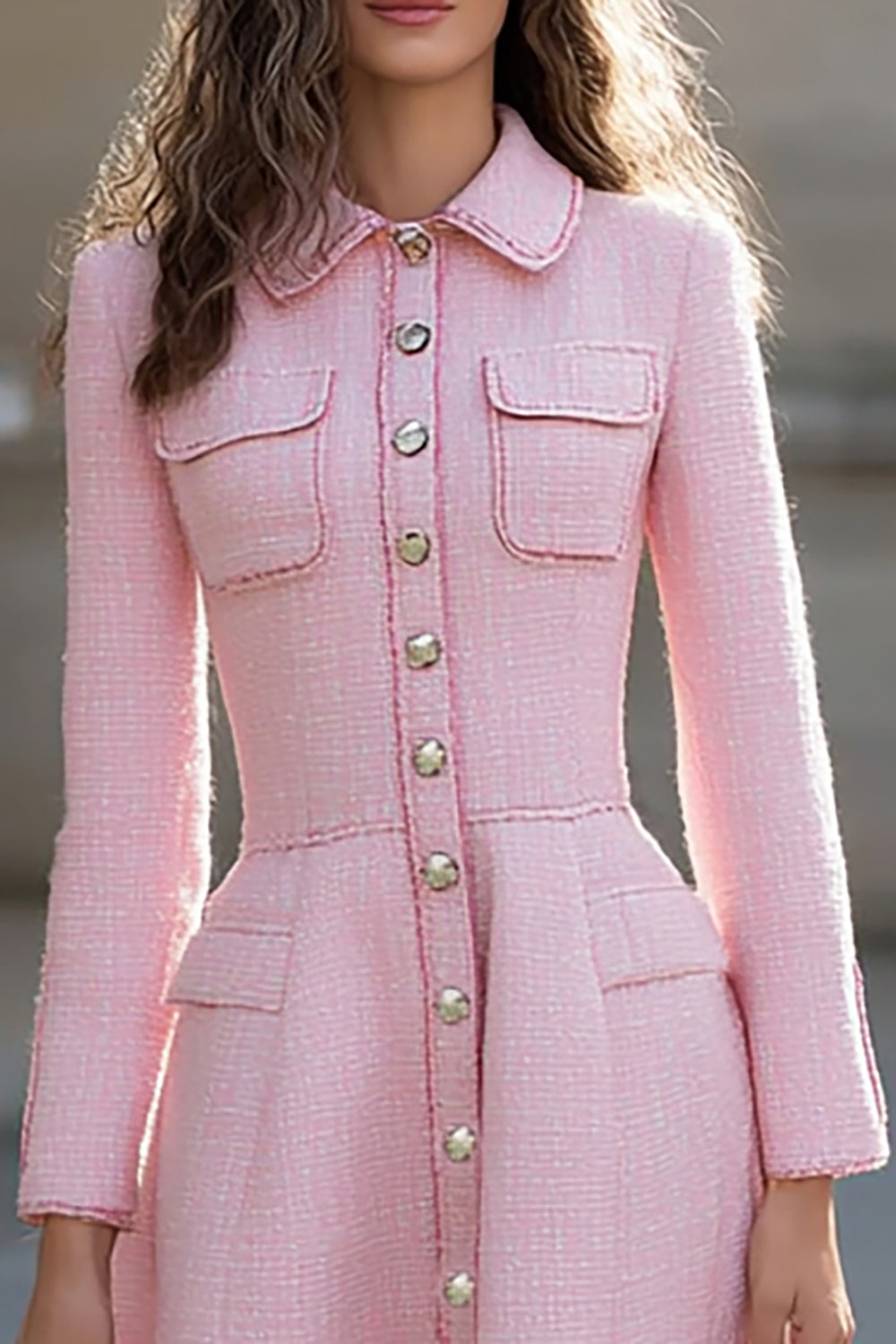 Pink Single-breasted A Line Long Sleeve Work Dress