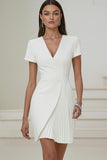 Ivory V-Neck Pleated Work Dress with Short Sleeves