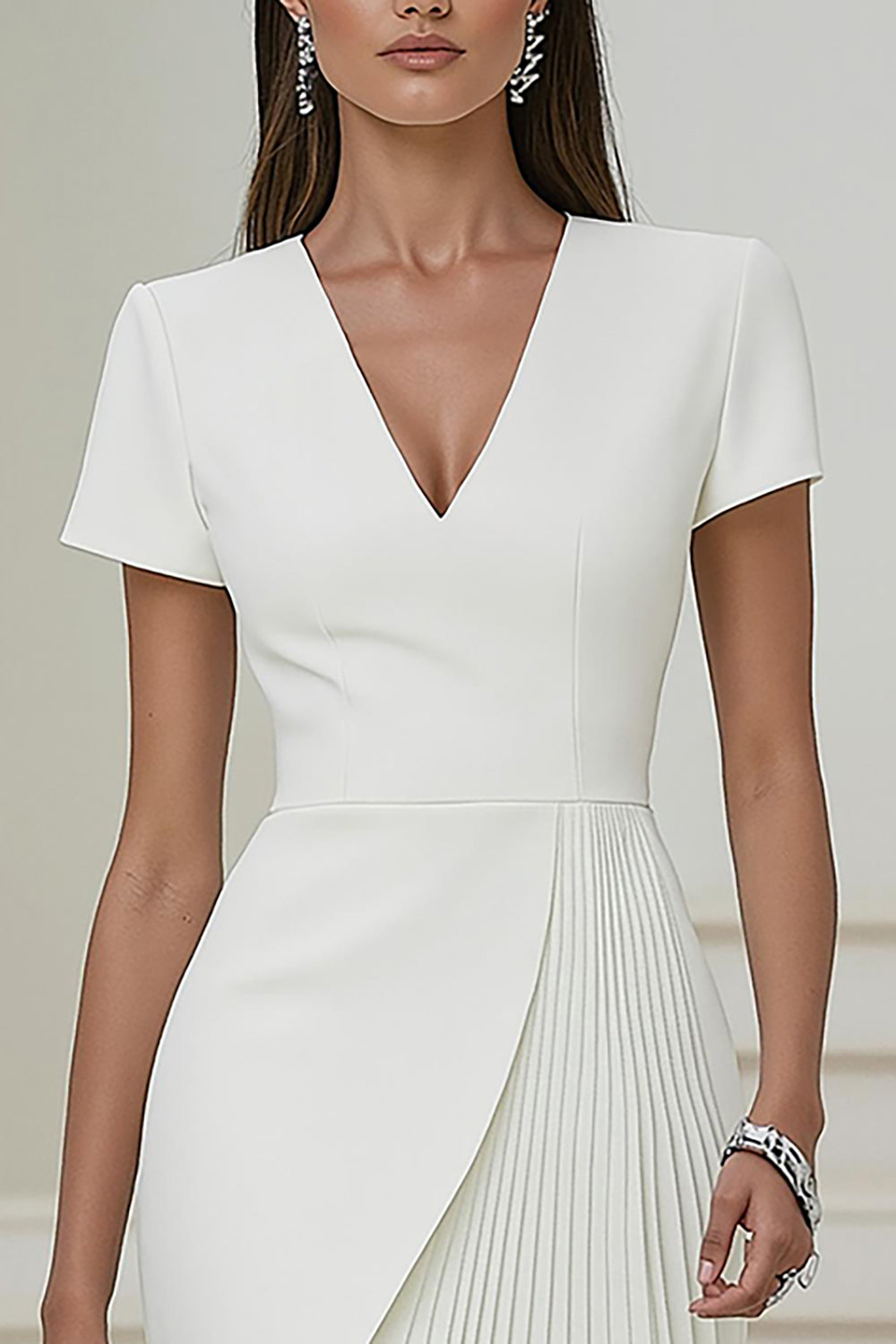 Ivory V-Neck Pleated Work Dress with Short Sleeves