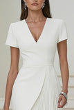 Ivory V-Neck Pleated Work Dress with Short Sleeves