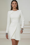 Ivory Asymmetrical Pleated Work Dress with Long Sleeves