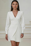 Ivory V-Neck Pleated Work Dress with Long Sleeves