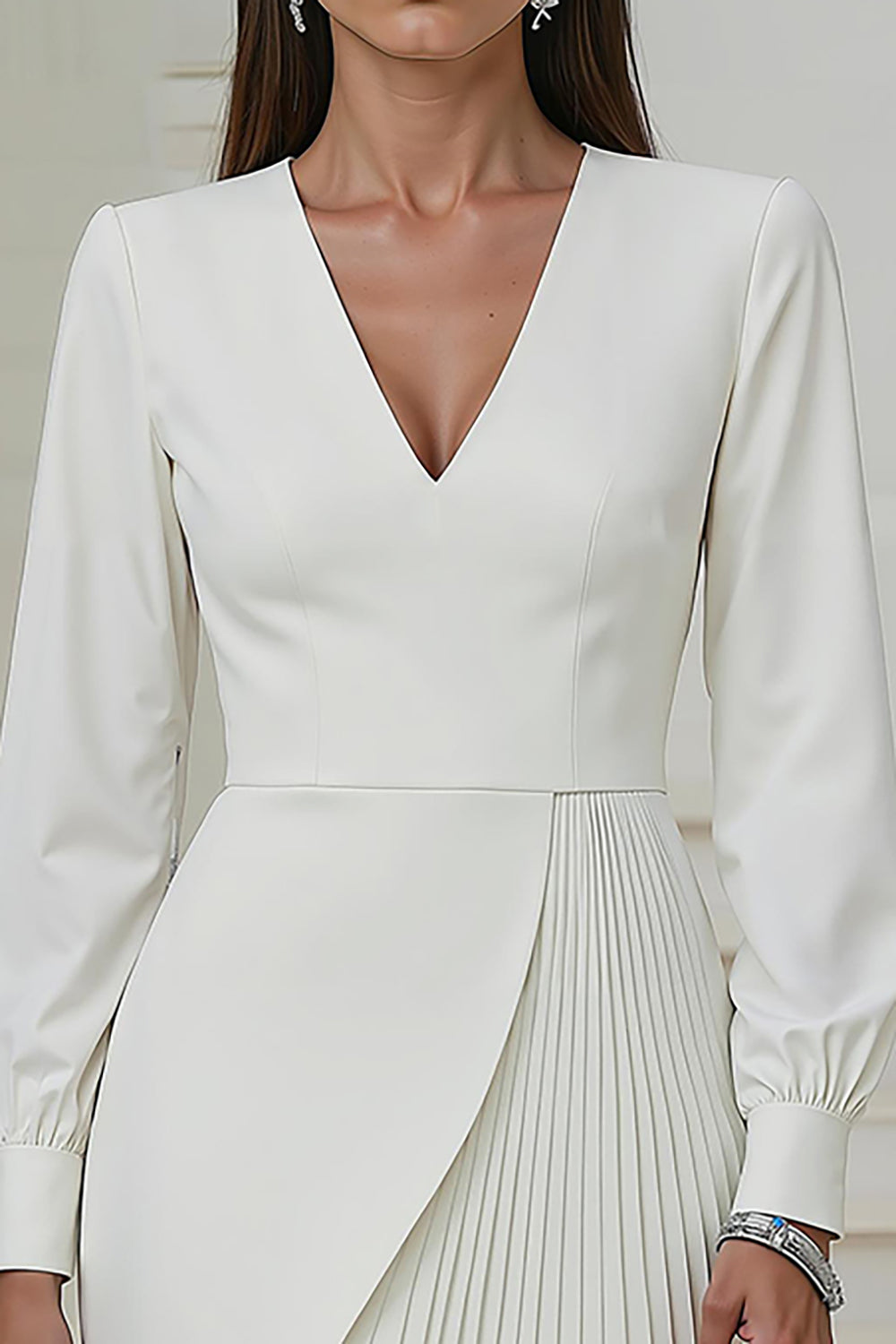 Ivory V-Neck Pleated Work Dress with Long Sleeves
