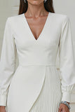 Ivory V-Neck Pleated Work Dress with Long Sleeves