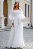 Ivory Square Neck Long Sleeves A Line Wedding Dress
