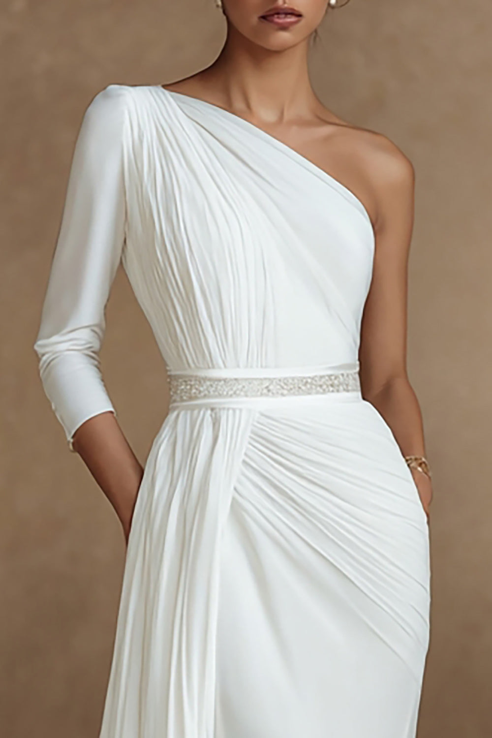One Shoulder Ivory Sheath Wedding Dress with Sash