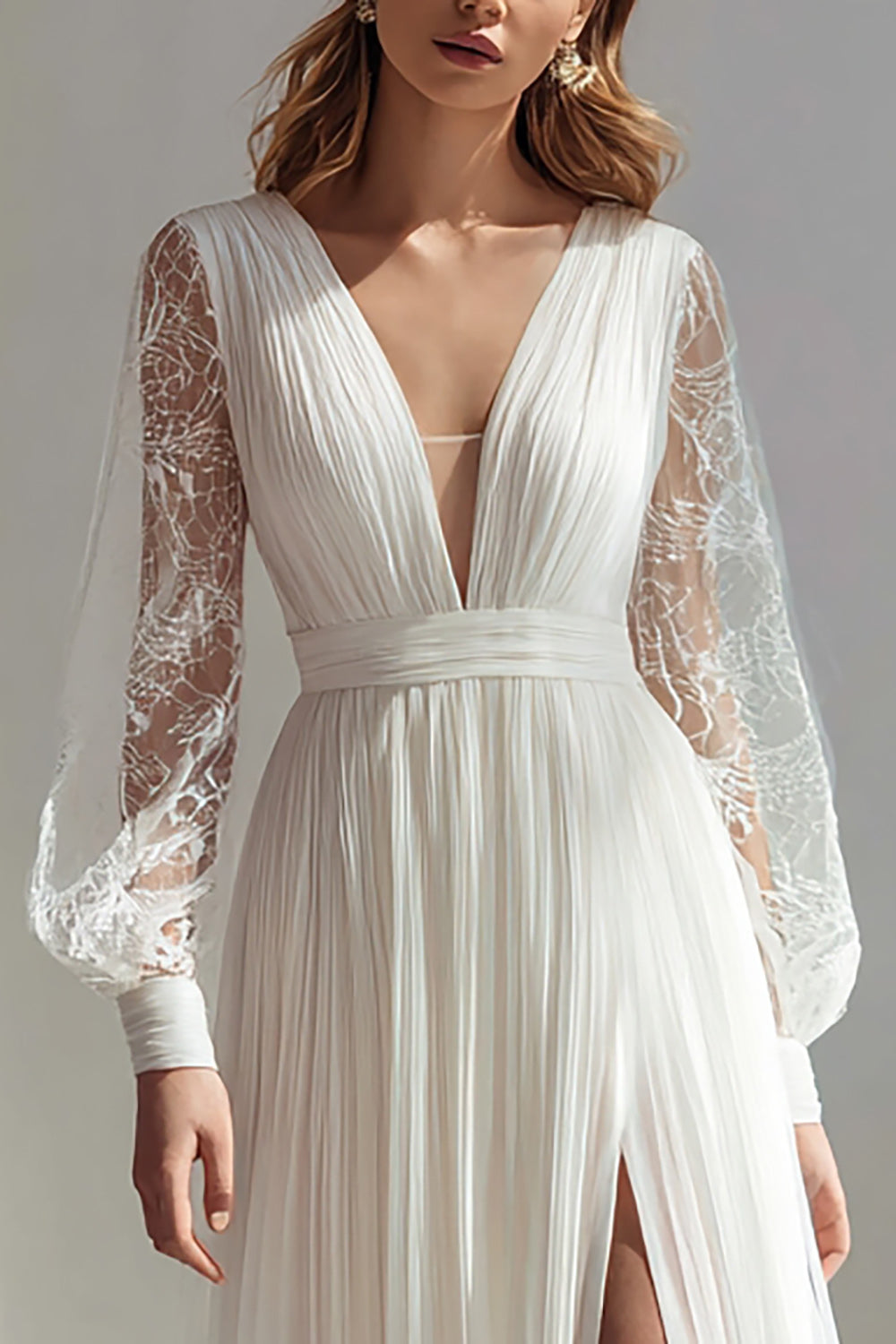 Ivory V-Neck A Line Long Sleeves Wedding Dress with Slit