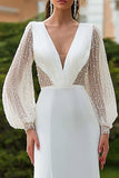 Ivory V-Neck Cut Out Sheath Long Sleeve Wedding Dress