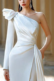 One Shoulder Ivory Ruched Satin Wedding Dress with Sash