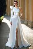 One Shoulder Ivory Ruched Satin Wedding Dress with Sash