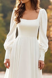 Ivory A Line Square Neck Long Sleeve Wedding Dress