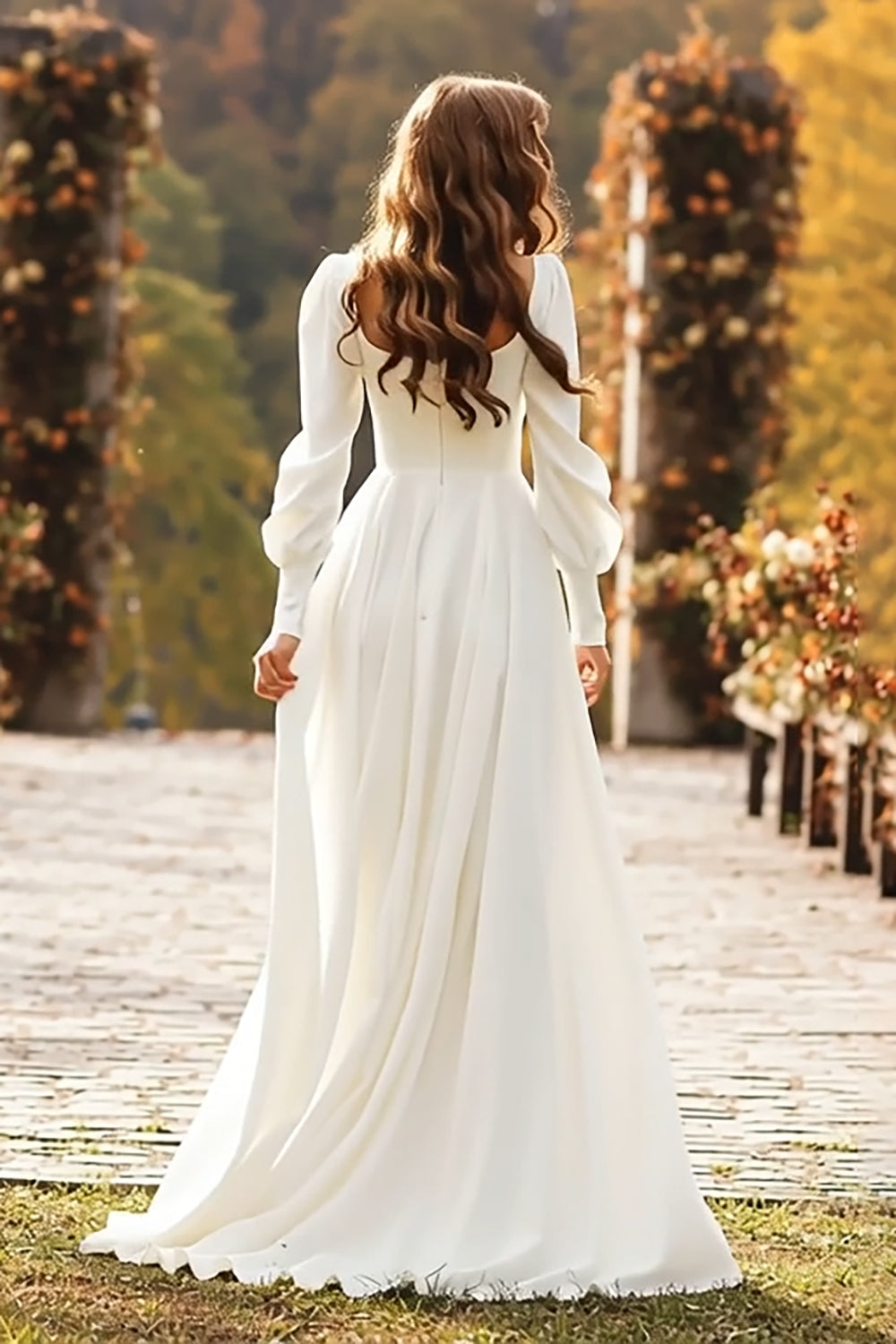 Ivory A Line Square Neck Long Sleeve Wedding Dress