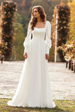 Ivory A Line Square Neck Long Sleeve Wedding Dress