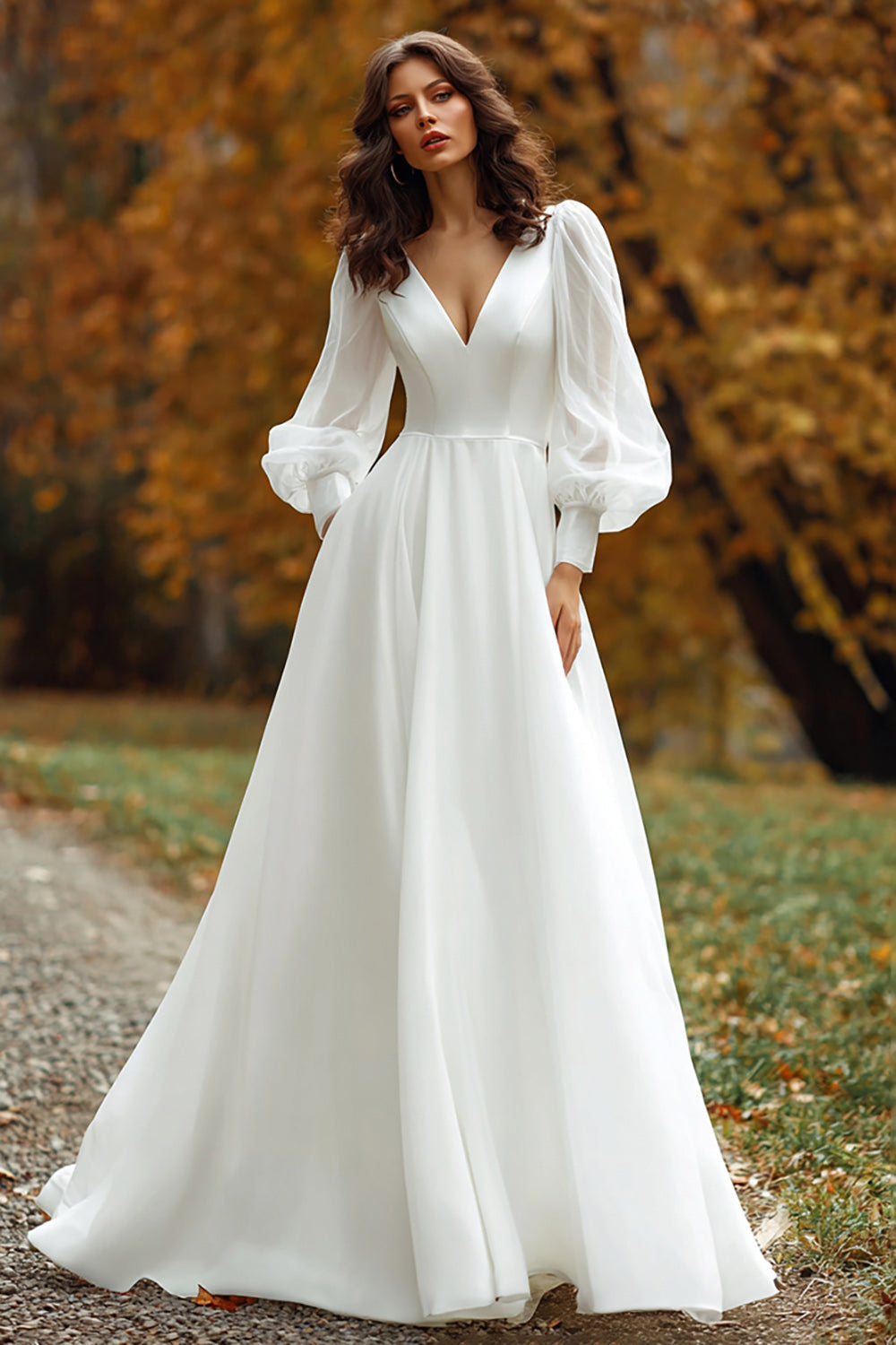 A Line Ivory V-Neck Long Sleeve Wedding Dress