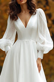 A Line Ivory V-Neck Long Sleeve Wedding Dress