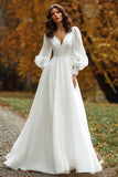 A Line Ivory V-Neck Long Sleeve Wedding Dress