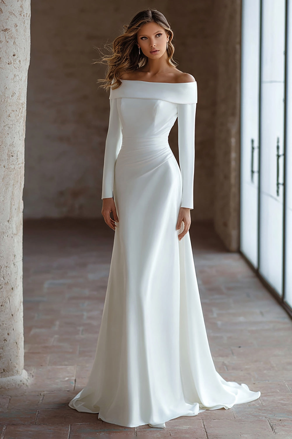 Off The Shoulder Ivory Long Sleeve Wedding Dress