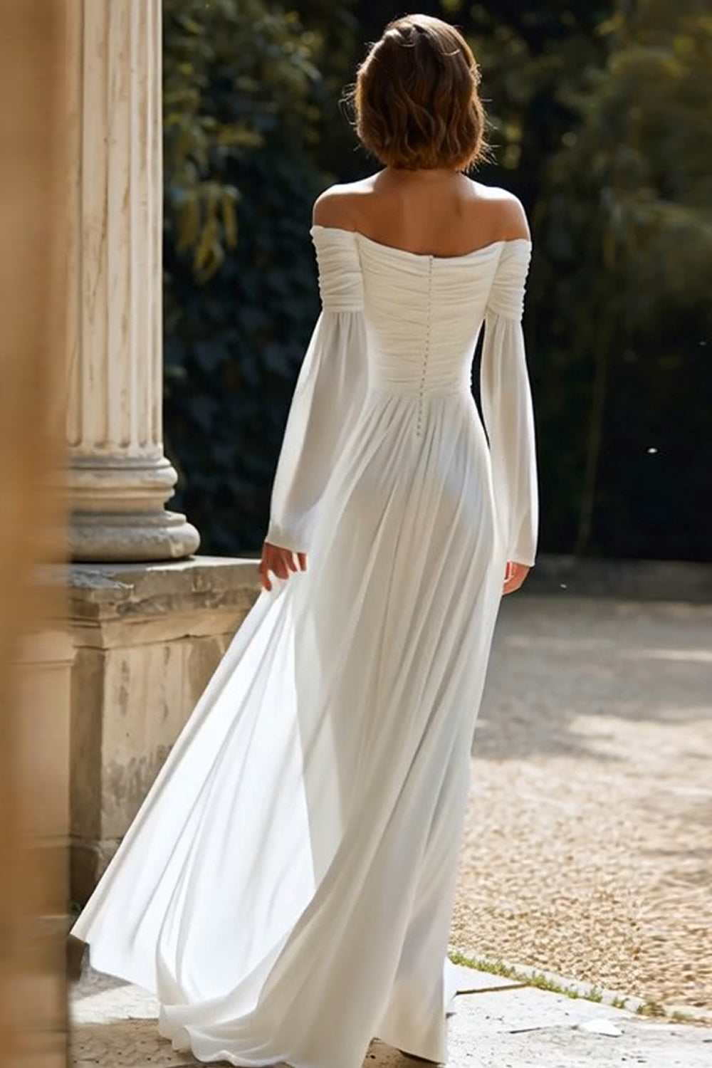 Ivory Ruched Off The Shoulder Sheath Wedding Dress