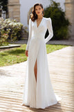 Ivory Long Sleeve A Line Ruched Long Wedding Dress