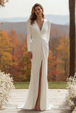 Ivory Ruched Long Sleeve Sheath Wedding Dress