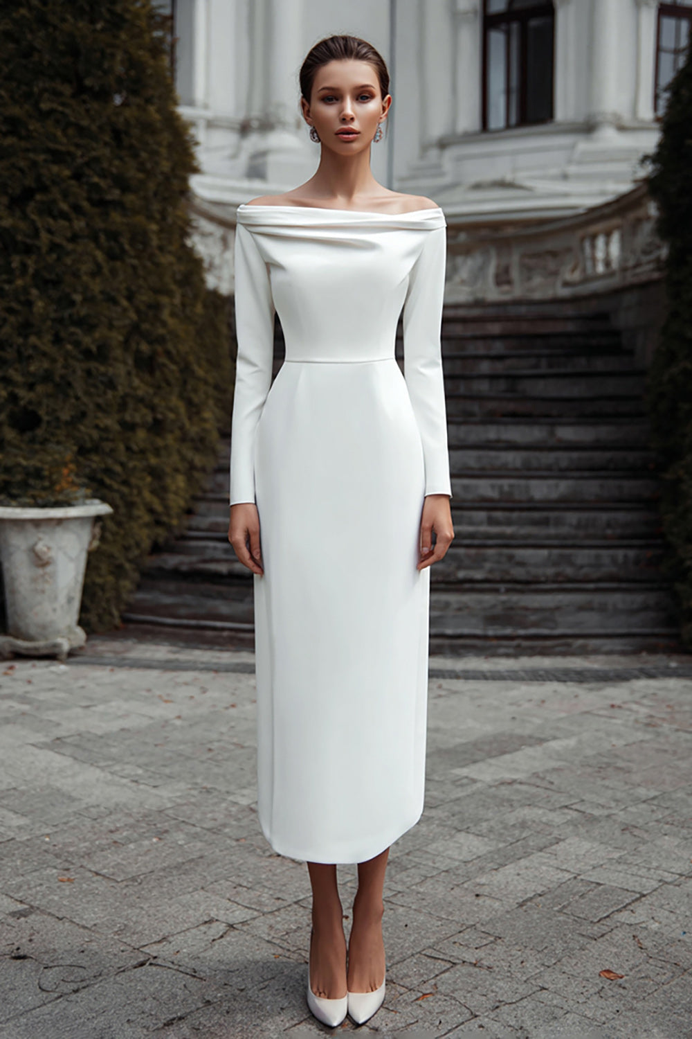 Ivory Long Sleeve Sheath Satin Engagement Dress