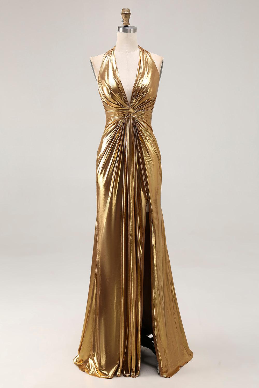 Gold Halter Metallic Ruched Long Formal Dress wth Slit