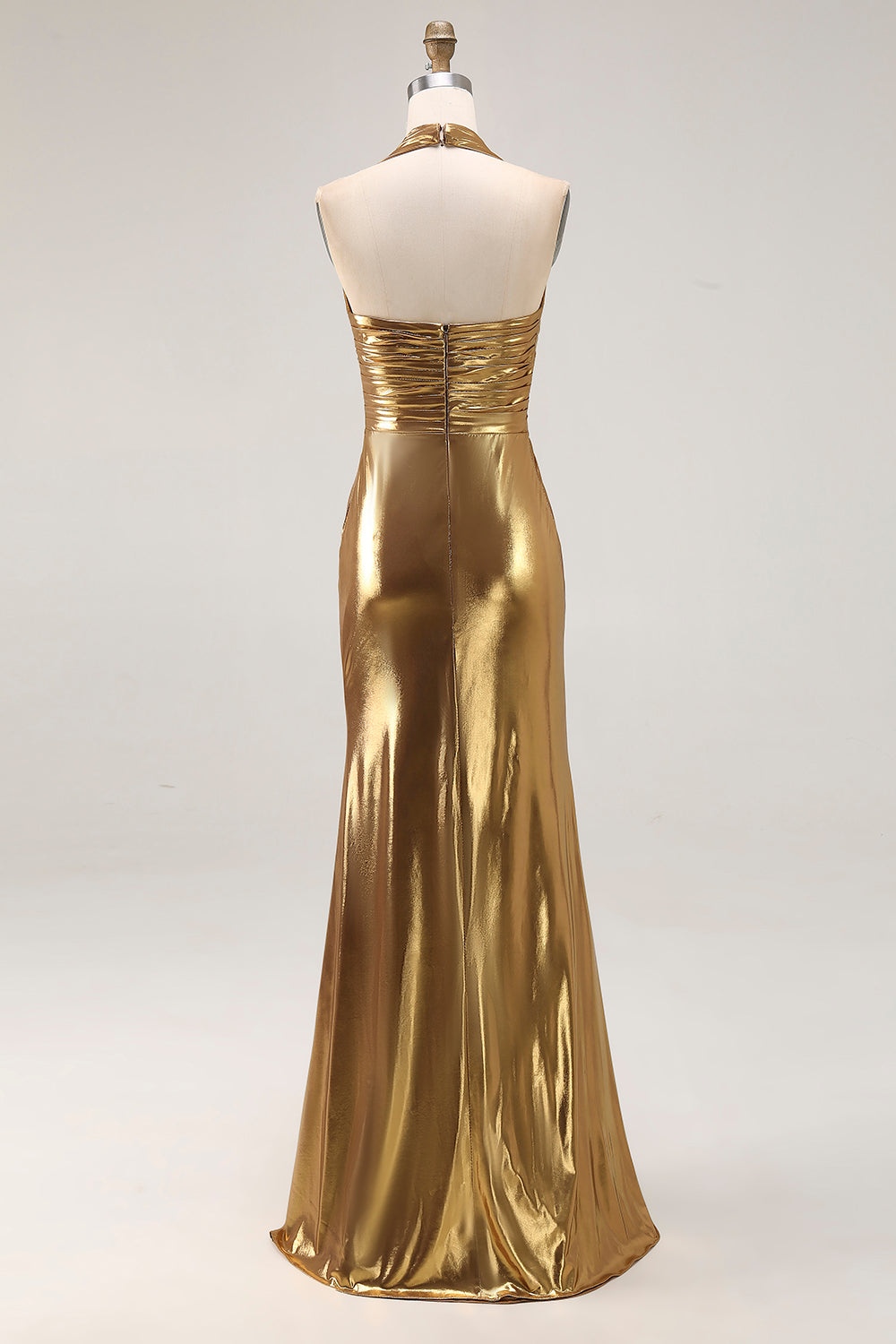 Gold Halter Metallic Ruched Long Formal Dress wth Slit