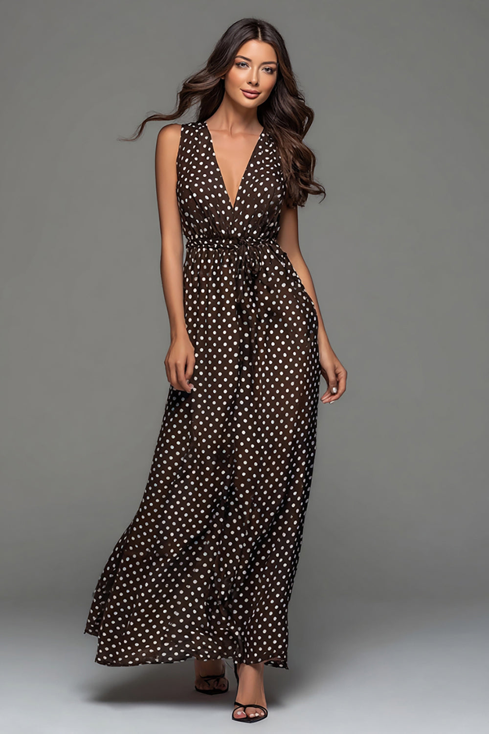 Dark Brown White Dot A Line Long Formal Dress with Sash