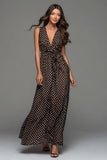 Dark Brown White Dot A Line Long Formal Dress with Sash